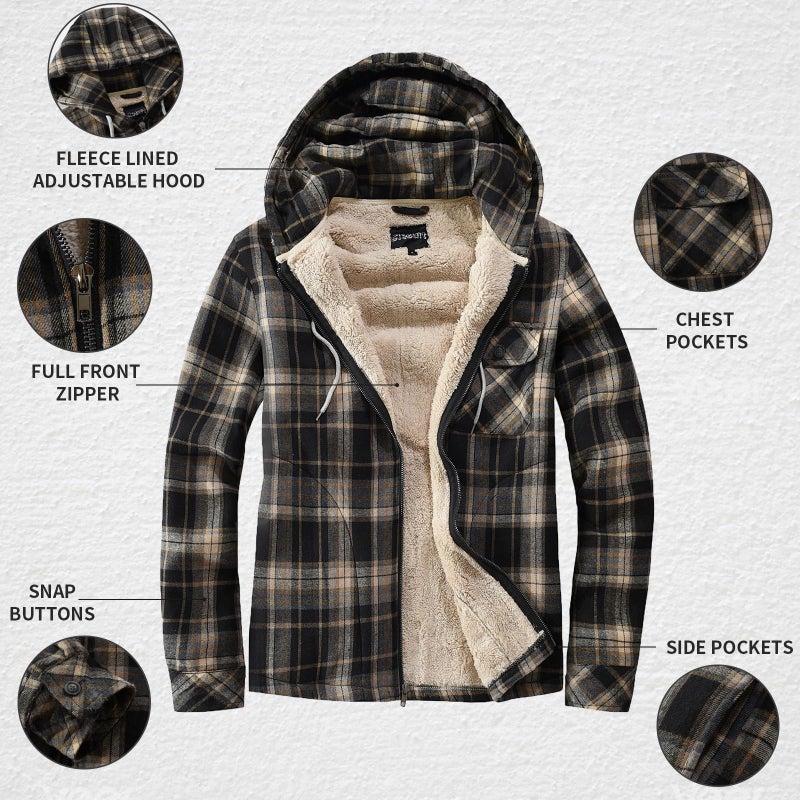 Elesuit Men's Full-Zip Fleece Hoodie All-Cotton Soft Sherpa Lined Flannel Shirts Jacket for Men Black Medium - Image 5