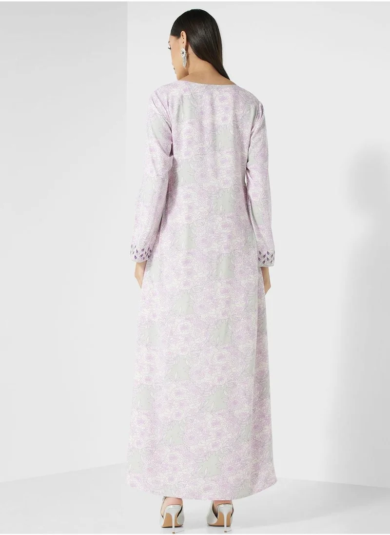 KASHKHA V-Neck Floral Print Jalabiya