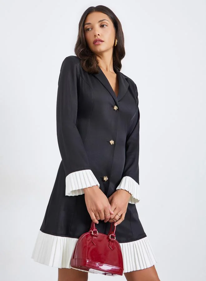 Women Black Pleated Hem Blazer Knee-Length Dress