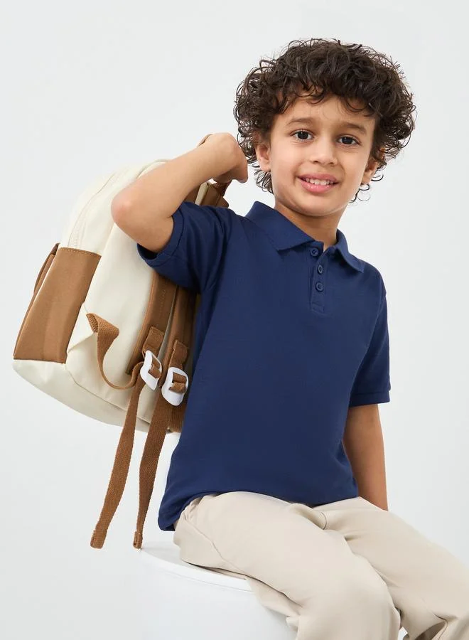 Styli Styli Boys Navy Blue Solid Cotton Polo T-Shirt