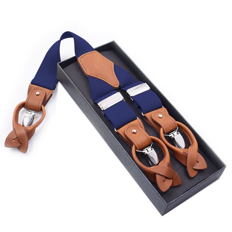 Mens Trendy Suspenders 3.5cm Adjustable Elastic 6 Clips Casual Straps Navy blue 