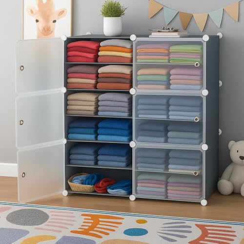 HEMOVIA Collapsible Wardrobe for Clothes - DIY 6 Door Plastic Almirah for Clothes with Doors | Side Hanger,Folding Waterproof Memory Standing Wardrobe for Storage for Home Clothes (Grey, 6-Door) - Image 1