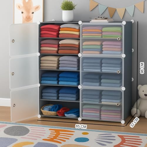 HEMOVIA Collapsible Wardrobe for Clothes - DIY 6 Door Plastic Almirah for Clothes with Doors | Side Hanger,Folding Waterproof Memory Standing Wardrobe for Storage for Home Clothes (Grey, 6-Door) - Image 2
