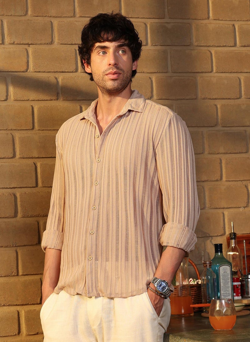 Campus Sutra Men's Cream White Panel Jacquard-Knit Shirt - Image 3