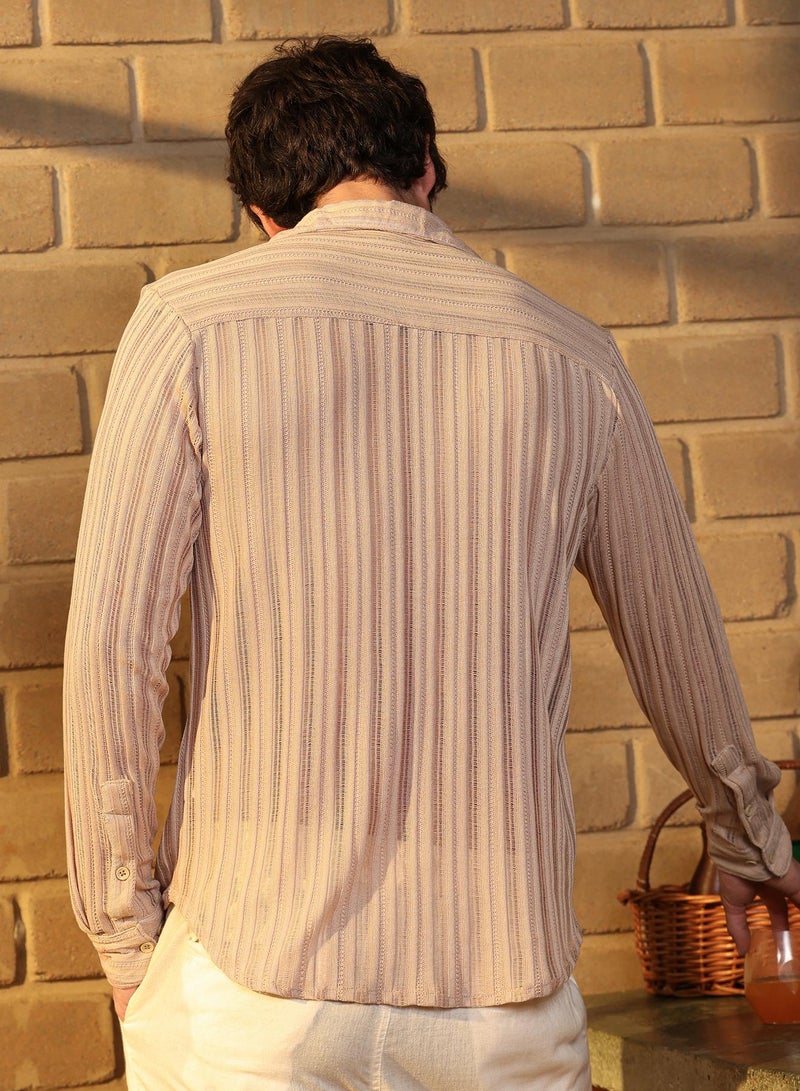 Campus Sutra Men's Cream White Panel Jacquard-Knit Shirt - Image 5