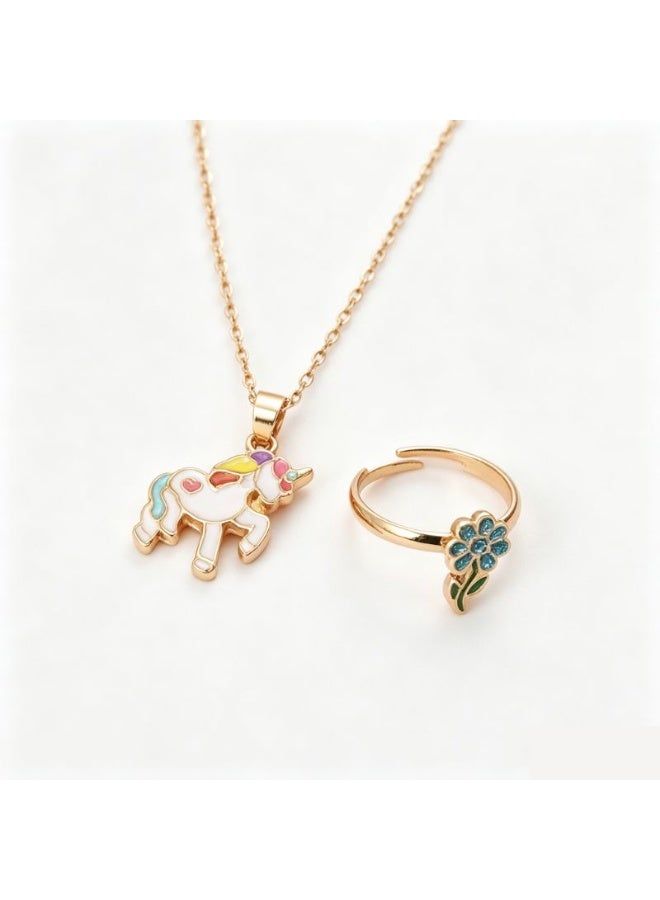 Children's Unicorn Necklace & Flower Ring Jewelry Set - Adjustable Alloy - Image 1