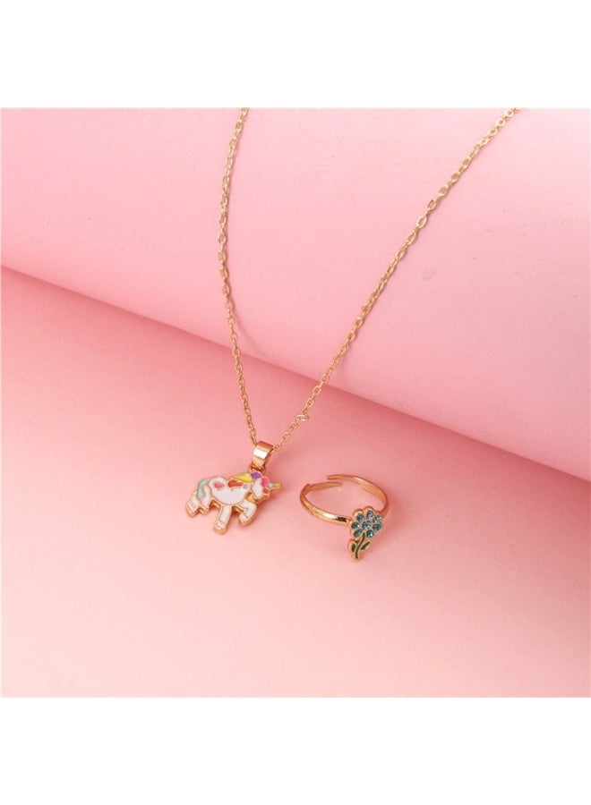 Children's Unicorn Necklace & Flower Ring Jewelry Set - Adjustable Alloy - Image 2