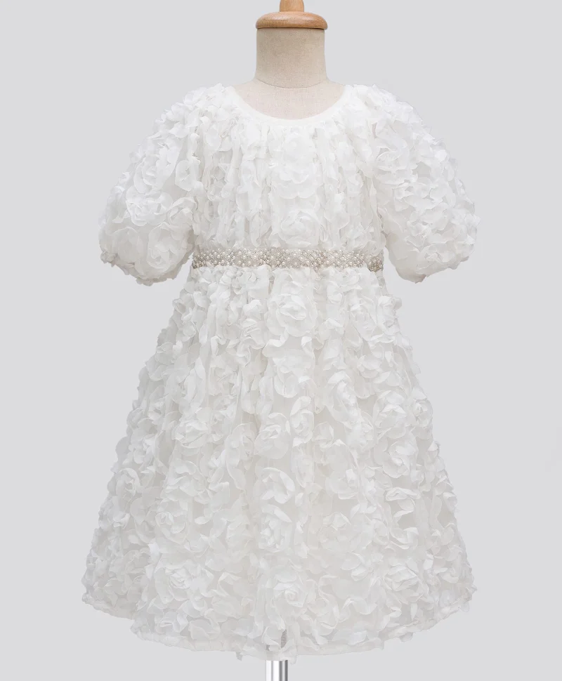 Primo Gino Primo Gino Woven Half Sleeve 3D Floral Party Dress with Pearl Waistband - White