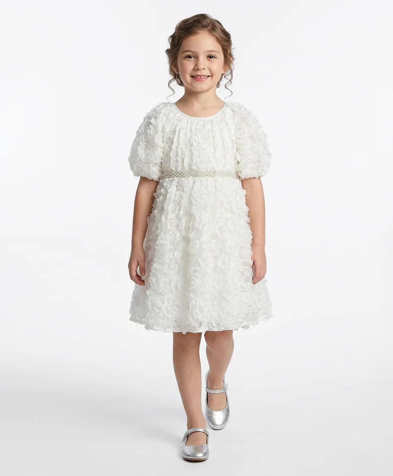 Primo Gino Primo Gino Woven Half Sleeve 3D Floral Party Dress with Pearl Waistband - White