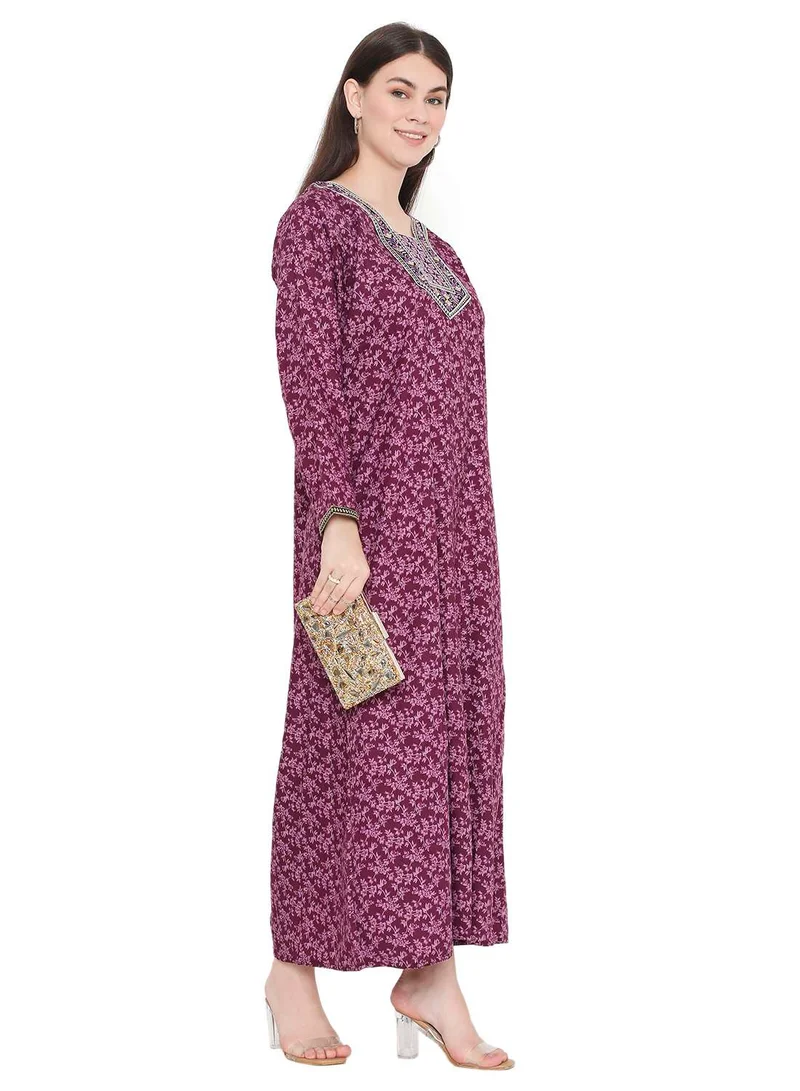 HANA & SARA LONG PRINTED THREAD EMBROIDERY MODEST ARABIC KAFTAN JALABIYA DRESSES