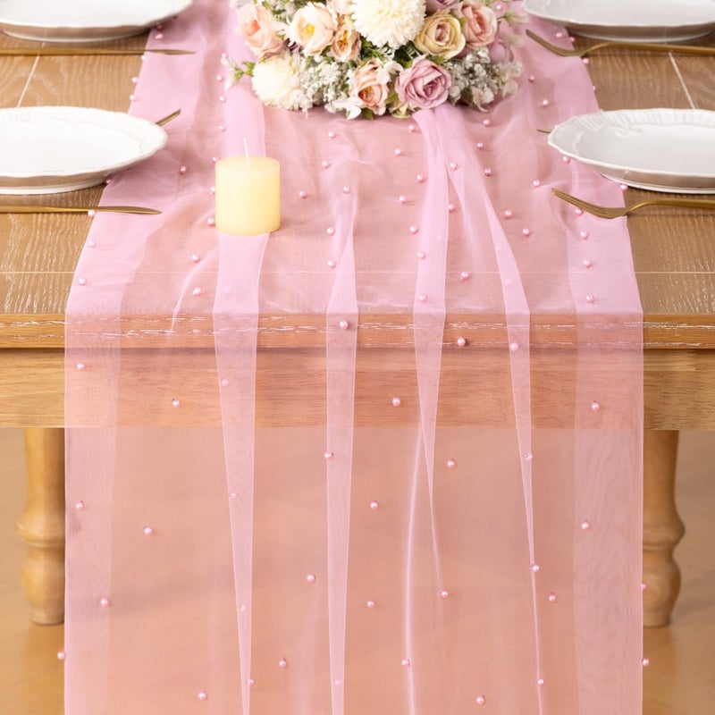 DeZerlor Valentineâ€™s Day Pink Pearl Table Runner Boho Romantic Cheesecloth Table Runner 10ft Rustic Tulle for Wedding Bridal Baby Shower Parties Decorations - Image 2