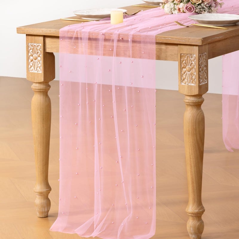 DeZerlor Valentineâ€™s Day Pink Pearl Table Runner Boho Romantic Cheesecloth Table Runner 10ft Rustic Tulle for Wedding Bridal Baby Shower Parties Decorations - Image 3