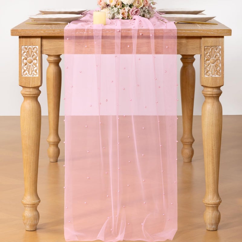 DeZerlor Valentineâ€™s Day Pink Pearl Table Runner Boho Romantic Cheesecloth Table Runner 10ft Rustic Tulle for Wedding Bridal Baby Shower Parties Decorations - Image 4