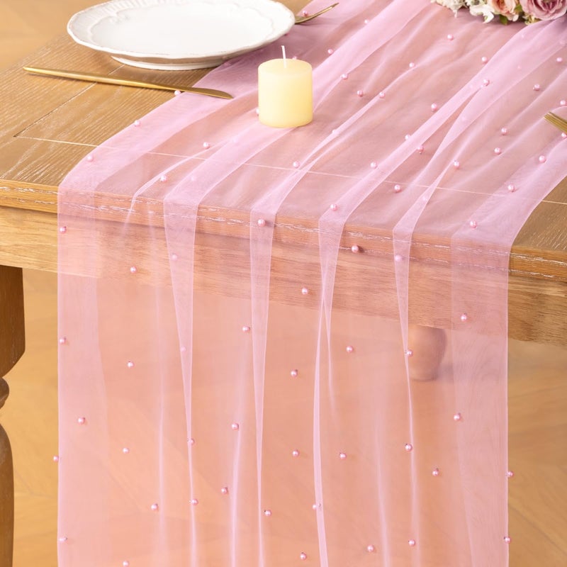 DeZerlor Valentineâ€™s Day Pink Pearl Table Runner Boho Romantic Cheesecloth Table Runner 10ft Rustic Tulle for Wedding Bridal Baby Shower Parties Decorations - Image 1