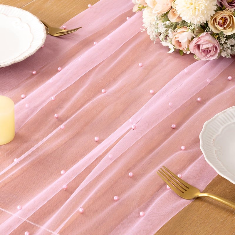 DeZerlor Valentineâ€™s Day Pink Pearl Table Runner Boho Romantic Cheesecloth Table Runner 10ft Rustic Tulle for Wedding Bridal Baby Shower Parties Decorations - Image 5
