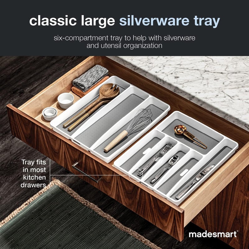 Made Smart Classic Large Silverware Tray - White |CLASSIC COLLECTION | 6-Compartments| Kitchen Drawer Organizer | Soft-Grip Lining and Non-Slip Rubber Feet | BPA-Free - Image 2