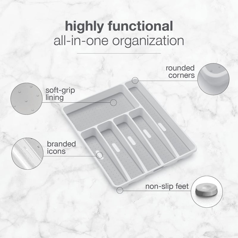 Made Smart Classic Large Silverware Tray - White |CLASSIC COLLECTION | 6-Compartments| Kitchen Drawer Organizer | Soft-Grip Lining and Non-Slip Rubber Feet | BPA-Free - Image 3