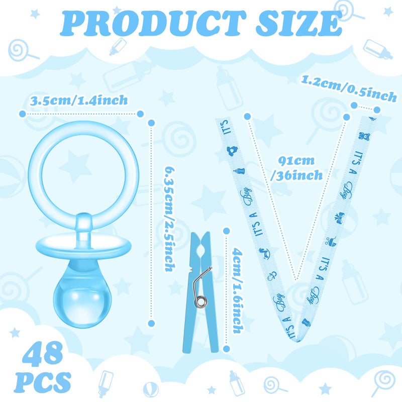 Coume 48 Sets Baby Shower Pacifiers Necklace with Mini Clothes Pins Acrylic Pacifier Bulk Newborn Party Favors for Women Men Baby Shower Decorations Gender Reveal Party Supplies(Blue) - Image 3