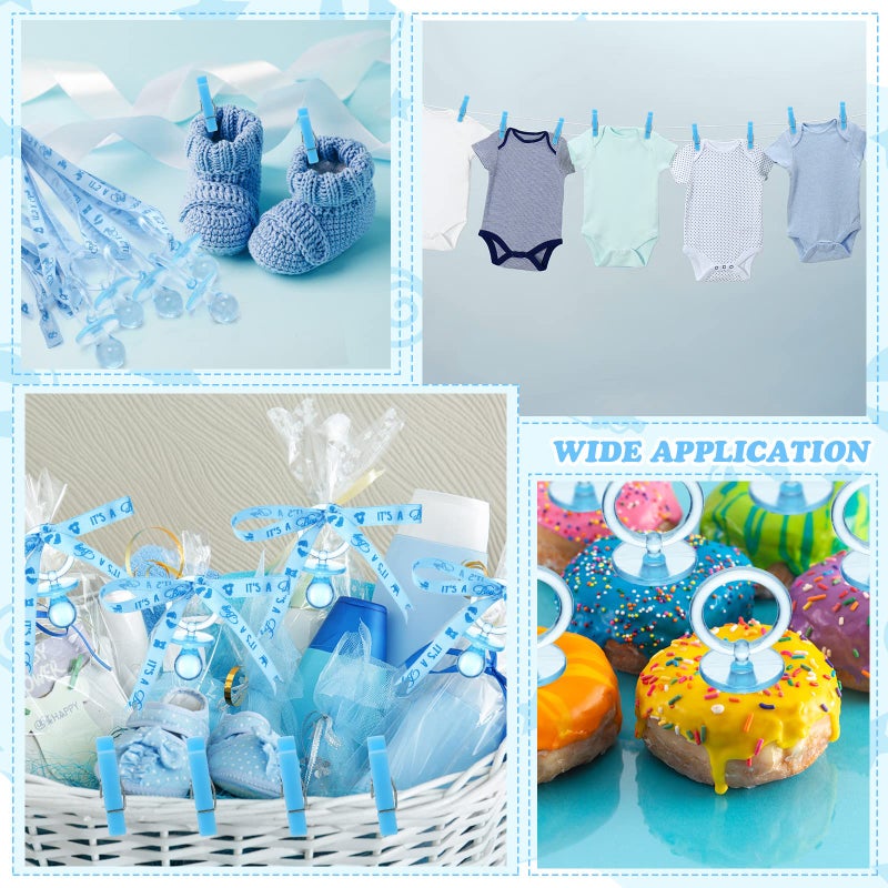Coume 48 Sets Baby Shower Pacifiers Necklace with Mini Clothes Pins Acrylic Pacifier Bulk Newborn Party Favors for Women Men Baby Shower Decorations Gender Reveal Party Supplies(Blue) - Image 4