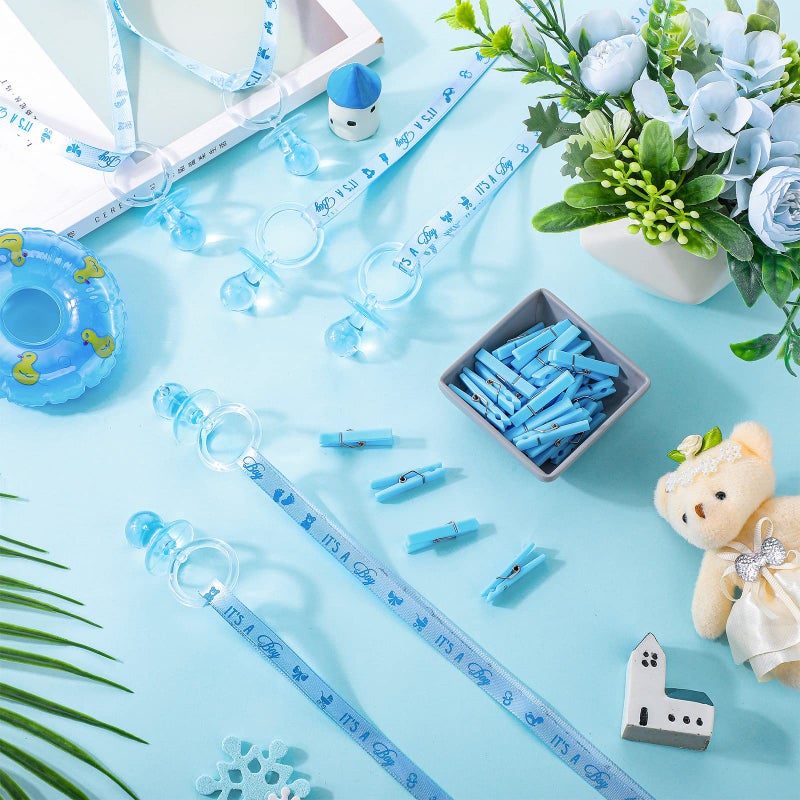 Coume 48 Sets Baby Shower Pacifiers Necklace with Mini Clothes Pins Acrylic Pacifier Bulk Newborn Party Favors for Women Men Baby Shower Decorations Gender Reveal Party Supplies(Blue) - Image 5