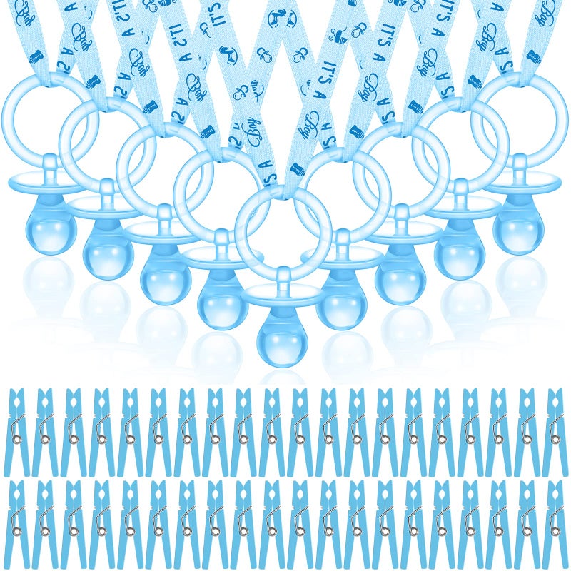 Coume 48 Sets Baby Shower Pacifiers Necklace with Mini Clothes Pins Acrylic Pacifier Bulk Newborn Party Favors for Women Men Baby Shower Decorations Gender Reveal Party Supplies(Blue) - Image 1
