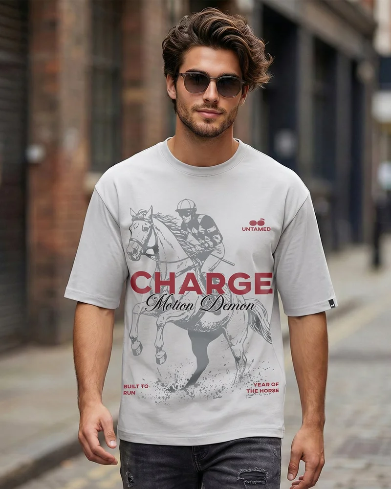 بيواكوف Men's Vapour Blue Motion Demon Graphic Printed Oversized T-shirt