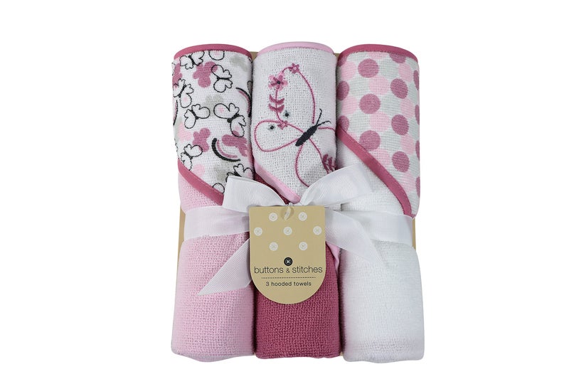 Cudlie Buttons & Stitches Baby Girl 3 Pack Rolled/Carded Hooded Towels in Butterfly Polka Print (GS71727) - Image 1