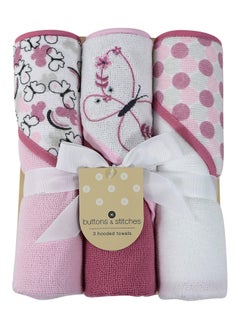 Cudlie Buttons & Stitches Baby Girl 3 Pack Rolled/Carded Hooded Towels In Butterfly Polka Print  - Image 1