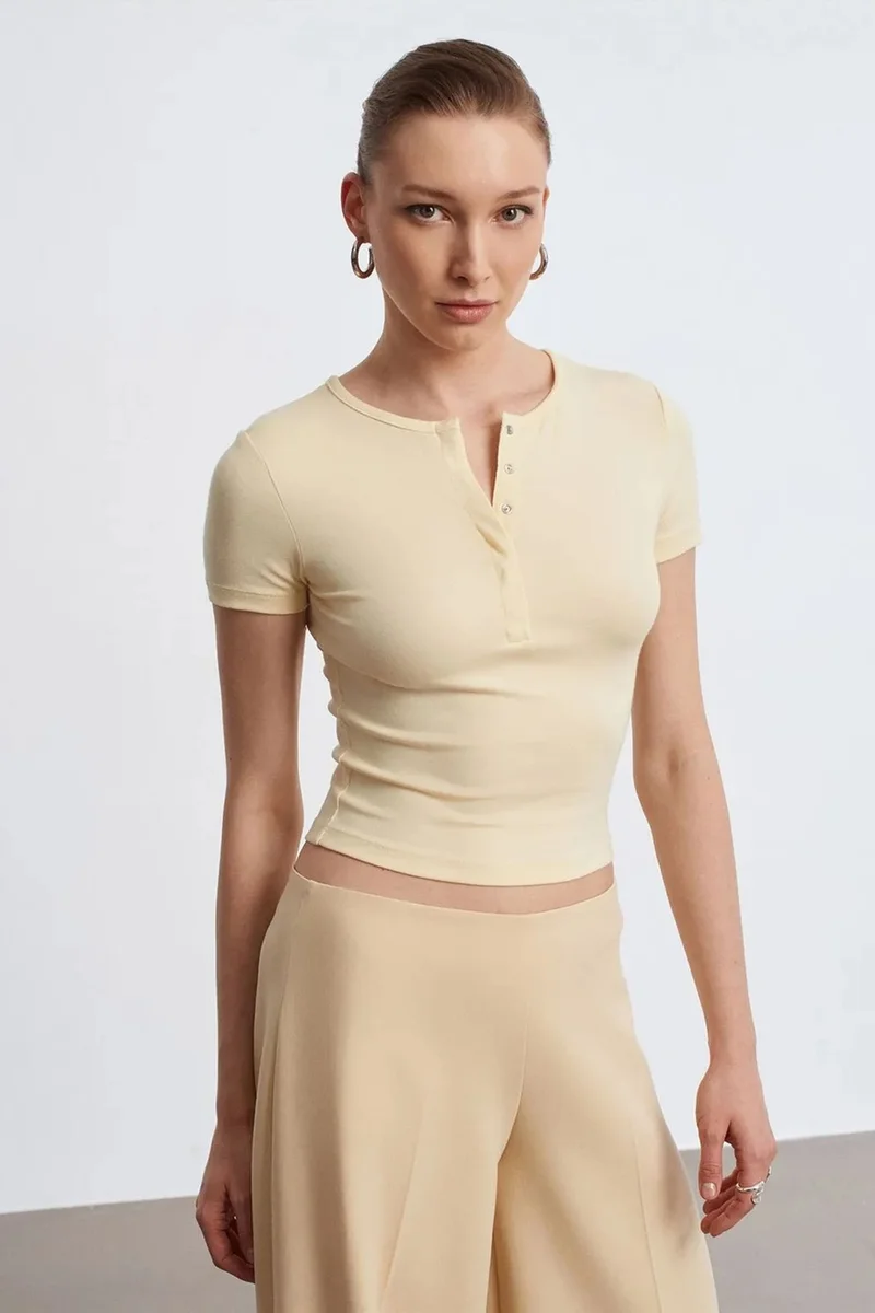 Dilvin Cream Natural DILVIN Slim Fit Crop Jersey Blouse for Women | Best Price UAE