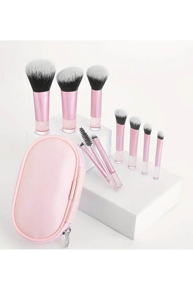 مجموعة فرش مكياج صغيرة، ألوان متنوعة، سهلة الحمل، 10 قطع (وردي) - Image 1