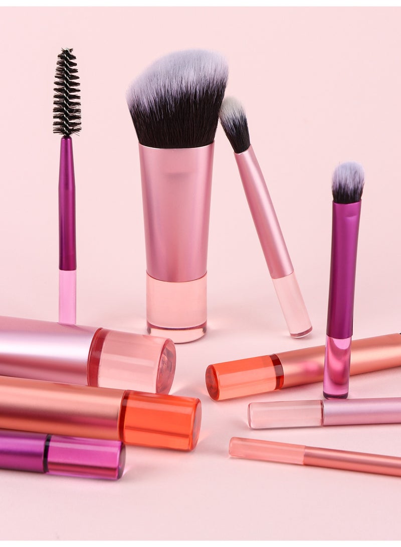 مجموعة فرش مكياج صغيرة، ألوان متنوعة، سهلة الحمل، 10 قطع (وردي) - Image 4