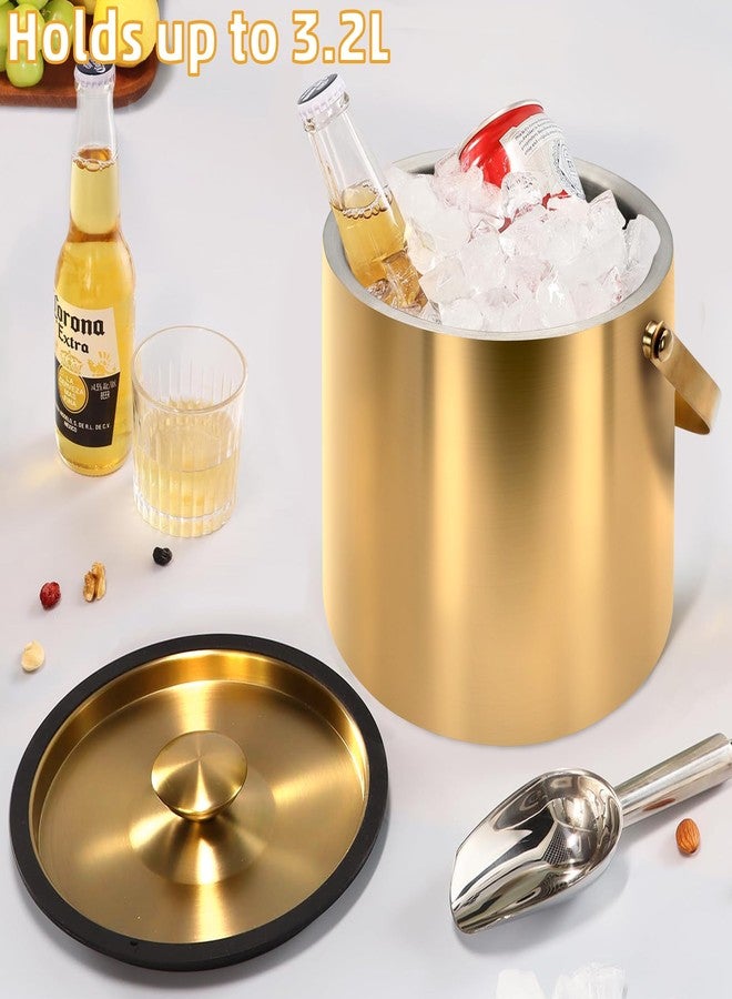 FEMBW دلو ثلج ذهبي سعة 3.2 لتر - دلو ثلج من الفولاذ المقاوم للصدأ معزول بجدار مزدوج، مزود بغطاء ومغرفة وملقط - دلو شمبانيا كبير للحفلات، وعربة المشروبات، والفعاليات الخارجية، وتبريد الكوكتيلات والنبيذ - Image 2