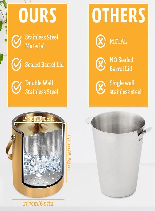 FEMBW دلو ثلج ذهبي سعة 3.2 لتر - دلو ثلج من الفولاذ المقاوم للصدأ معزول بجدار مزدوج، مزود بغطاء ومغرفة وملقط - دلو شمبانيا كبير للحفلات، وعربة المشروبات، والفعاليات الخارجية، وتبريد الكوكتيلات والنبيذ - Image 4