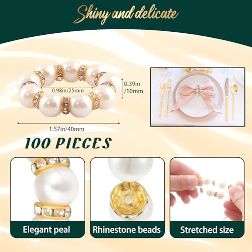 Zikoos 100Pcs Gold Disposable Napkin Rings Imitation Pearl Ring Napkin Holder Delicate WhiteGold Beaded Serviette Buckles for Wedding Party Dinner Table Decor and Daily Use - Image 3