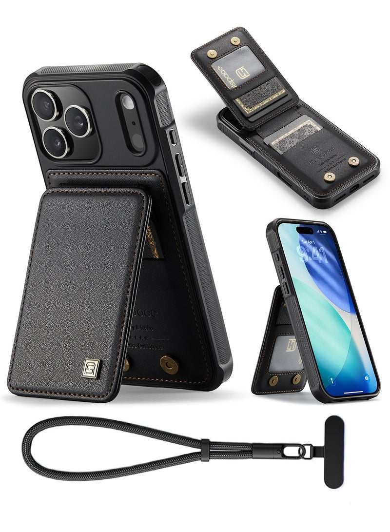 جراب محفظة Updown Folio لهاتف iPhone 17 Pro، مزود بحامل بطاقات بخاصية حجب RFID، وحزام معصم مانع للسقوط، ومسند، وغطاء حماية فاخر من جلد البولي يوريثان (PU) مقاوم للصدمات - لون أسود. - Image 1