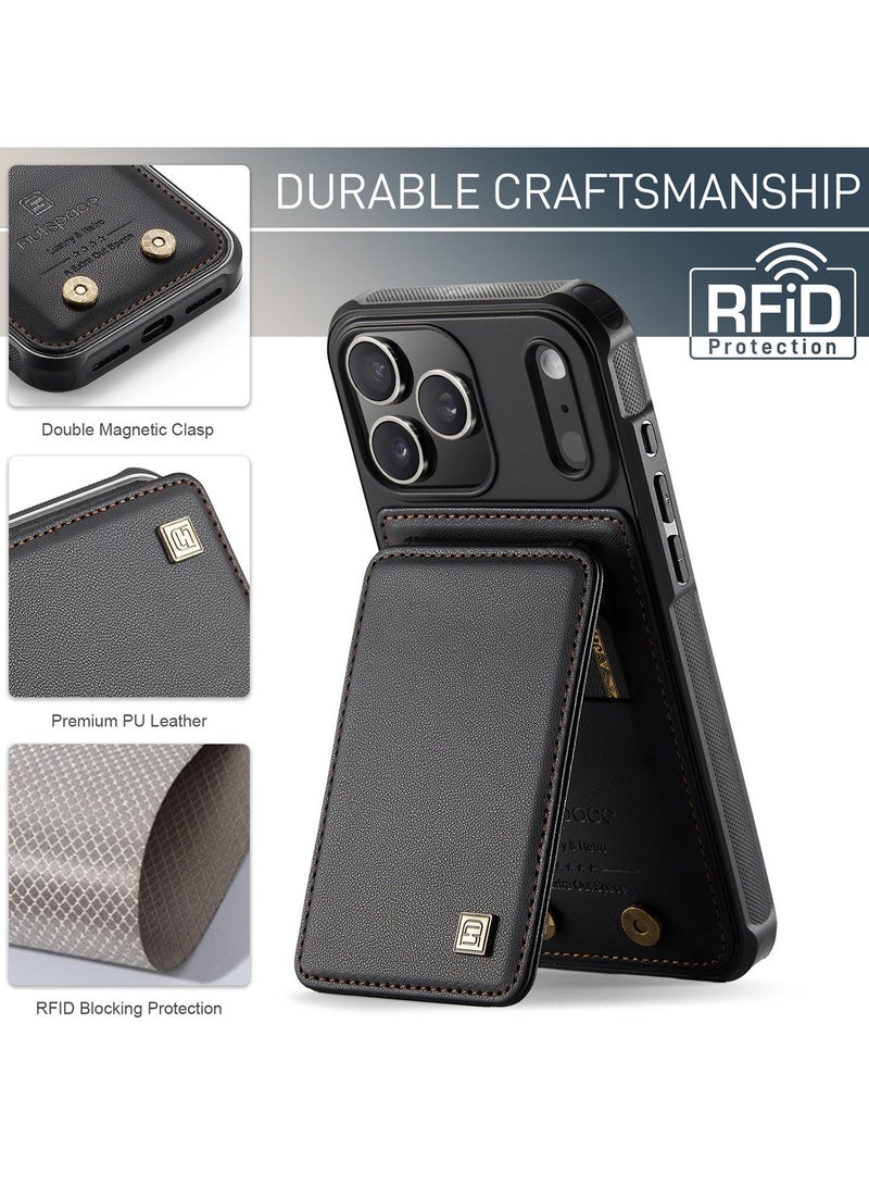 جراب محفظة Updown Folio لهاتف iPhone 17 Pro، مزود بحامل بطاقات بخاصية حجب RFID، وحزام معصم مانع للسقوط، ومسند، وغطاء حماية فاخر من جلد البولي يوريثان (PU) مقاوم للصدمات - لون أسود. - Image 4