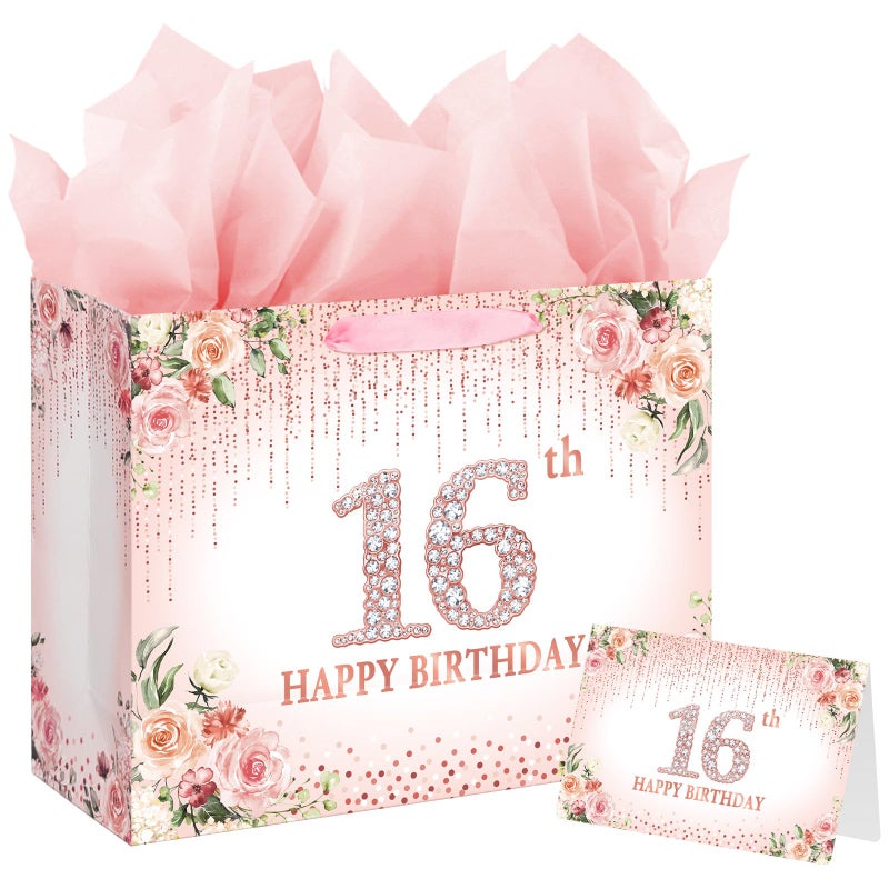 Laidans Sweet 16th Happy Birthday Gift Bag with Tissue Paper and Card for Girls Kids Birthday Party (Rose Gold) (16th) - Image 1