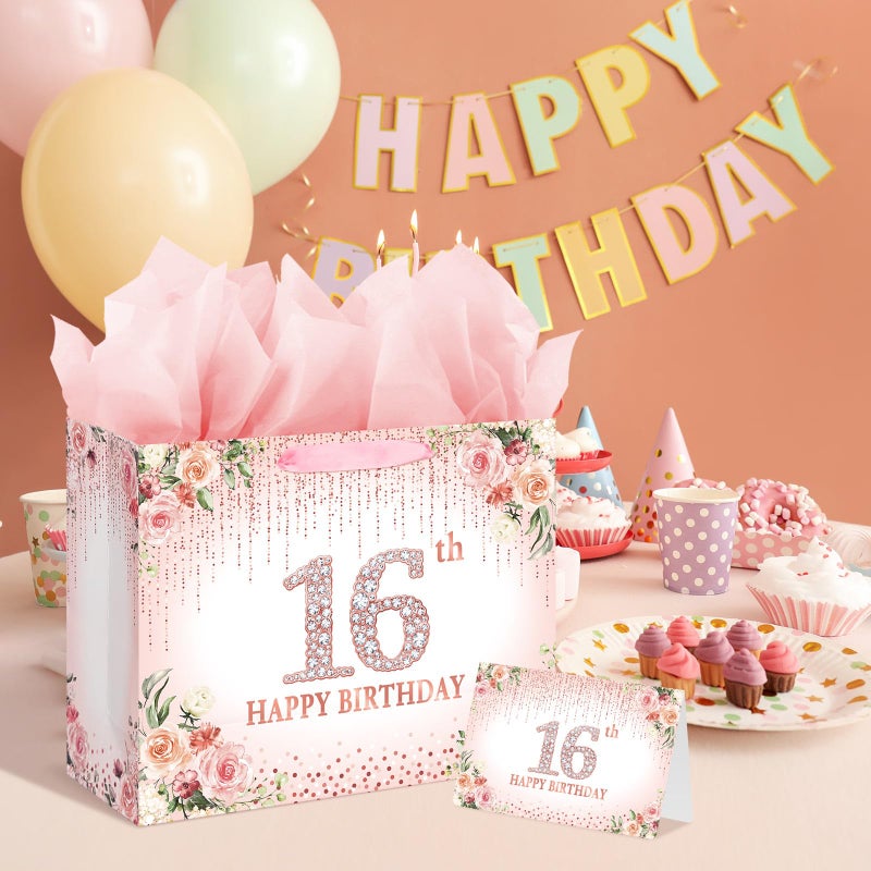Laidans Sweet 16th Happy Birthday Gift Bag with Tissue Paper and Card for Girls Kids Birthday Party (Rose Gold) (16th) - Image 5
