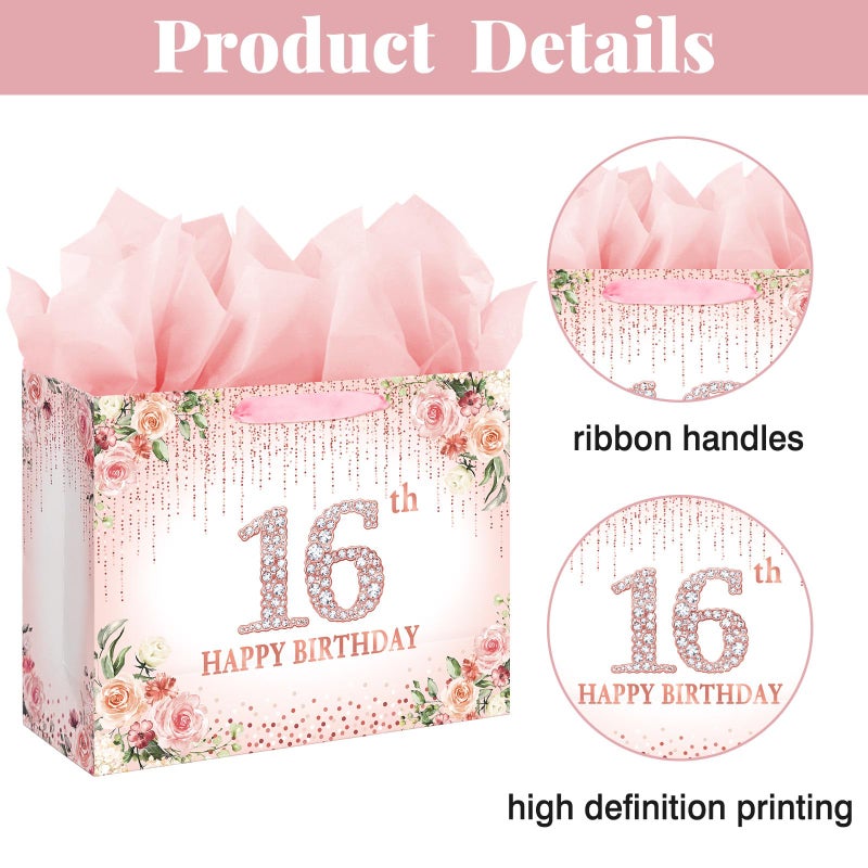 Laidans Sweet 16th Happy Birthday Gift Bag with Tissue Paper and Card for Girls Kids Birthday Party (Rose Gold) (16th) - Image 4