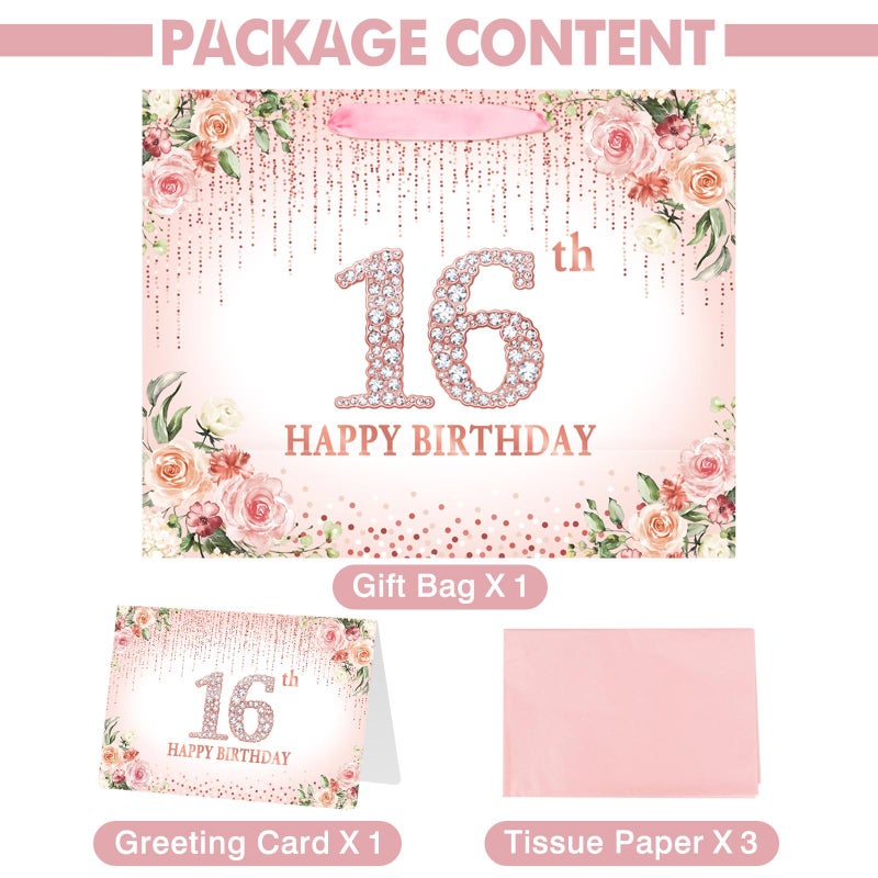 Laidans Sweet 16th Happy Birthday Gift Bag with Tissue Paper and Card for Girls Kids Birthday Party (Rose Gold) (16th) - Image 3