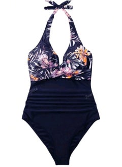 Shein 1pc Conservative Tree Leaf & Solid Color Pattern Swimsuit, Casual Beach Holiday Swimwear For Women  - Image 3