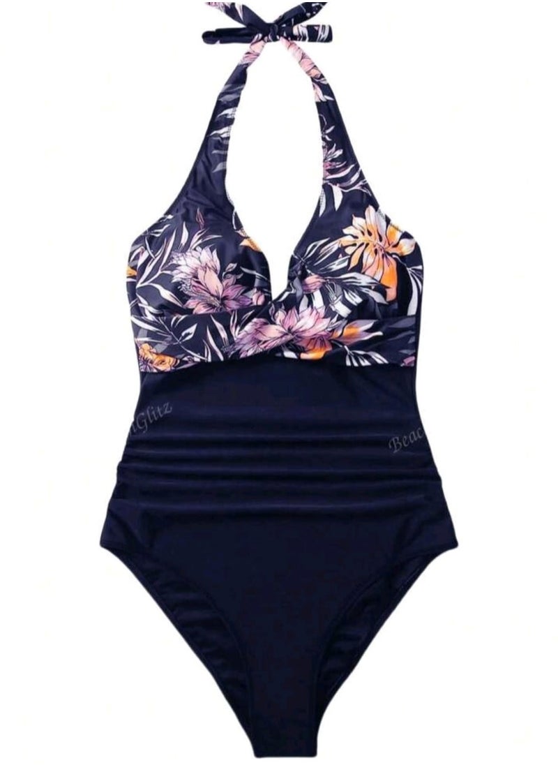 Shein 1pc Conservative Tree Leaf & Solid Color Pattern Swimsuit, Casual Beach Holiday Swimwear For Women  - Image 3