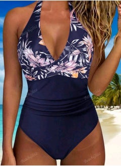 Shein 1pc Conservative Tree Leaf & Solid Color Pattern Swimsuit, Casual Beach Holiday Swimwear For Women  - Image 2