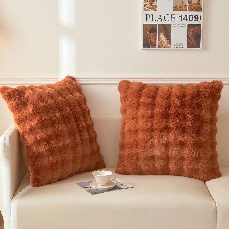 LIFEREVO Set of 2 Faux Rabbit Fur Decorative Throw Pillow Covers 26x26, Cozy Plush Shaggy Bubble Euro Pillow Shams with Zipper, Furry Fuzzy Accent Cushion Covers for Bed Couch Sofa, Burnt Orange - Image 1