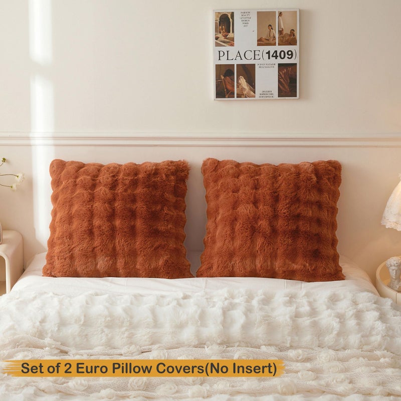 LIFEREVO Set of 2 Faux Rabbit Fur Decorative Throw Pillow Covers 26x26, Cozy Plush Shaggy Bubble Euro Pillow Shams with Zipper, Furry Fuzzy Accent Cushion Covers for Bed Couch Sofa, Burnt Orange - Image 2