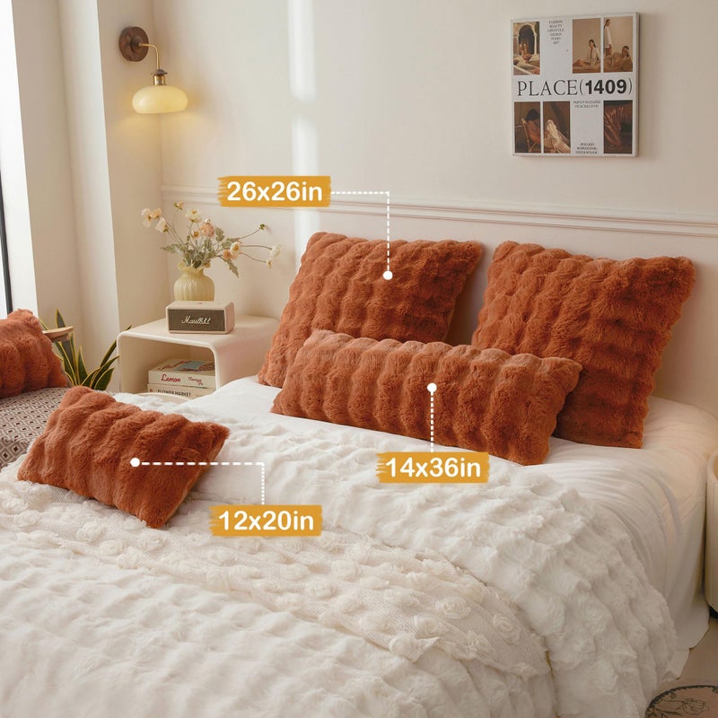 LIFEREVO Set of 2 Faux Rabbit Fur Decorative Throw Pillow Covers 26x26, Cozy Plush Shaggy Bubble Euro Pillow Shams with Zipper, Furry Fuzzy Accent Cushion Covers for Bed Couch Sofa, Burnt Orange - Image 3