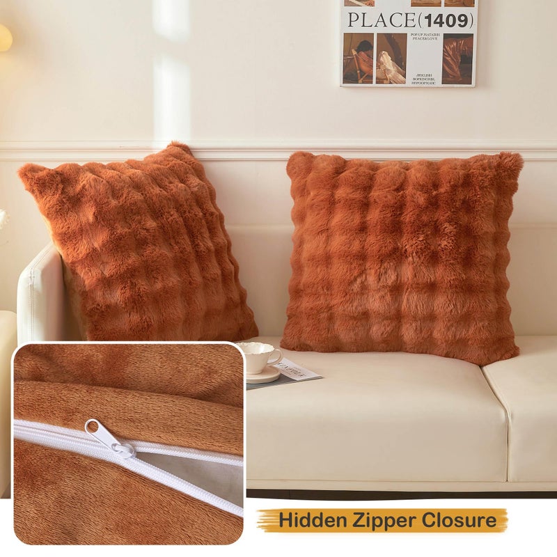 LIFEREVO Set of 2 Faux Rabbit Fur Decorative Throw Pillow Covers 26x26, Cozy Plush Shaggy Bubble Euro Pillow Shams with Zipper, Furry Fuzzy Accent Cushion Covers for Bed Couch Sofa, Burnt Orange - Image 5