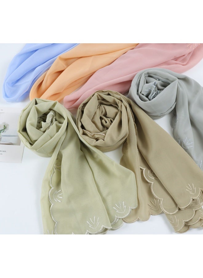 Four Sided Leaf Embroidered Plain Chiffon Square Scarf, Headscarf, Arabic Scarf - Image 2