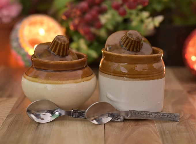 CERAMIC PICKLE JAR SET WITH LID ROUND JAR AND LOTA WITH STEEL SPOON JAR 200ML WITH 200ML LOTA PACK OF 2