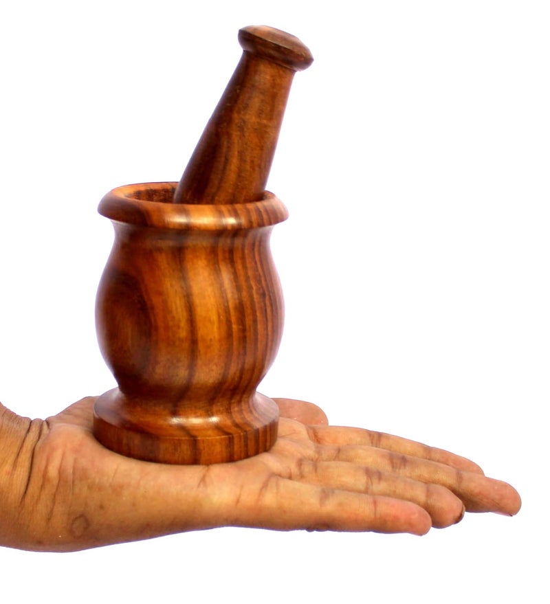 KLEO Wooden Grinder Masher for Spices Medicine Okhli Musal Set Mortar Pestle Set Imaam Dasta Kharal Khalbatta for Kitchen Indo_35IN_Okhli - Image 5